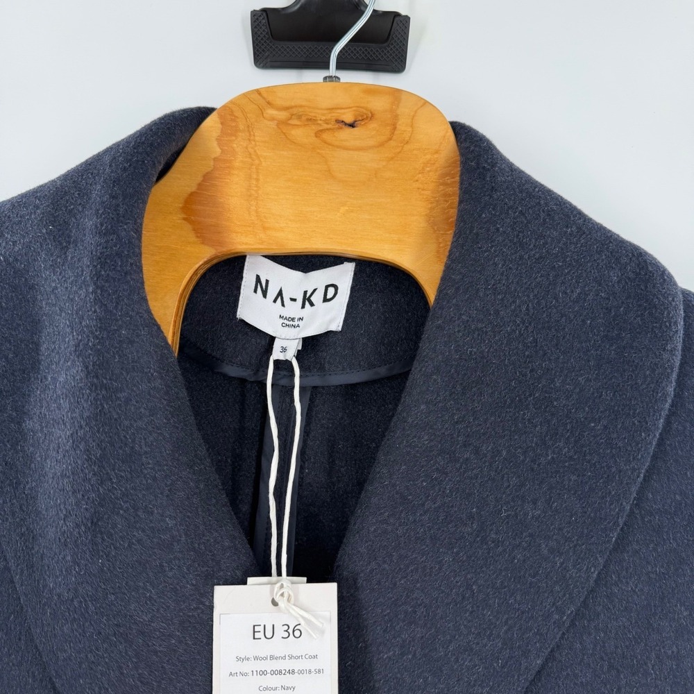 NA-KD Wool Blend Short Coat Navy Blue Double‎ Breasted Shawl Collar EU 36 NEW - Picture 7 of 11